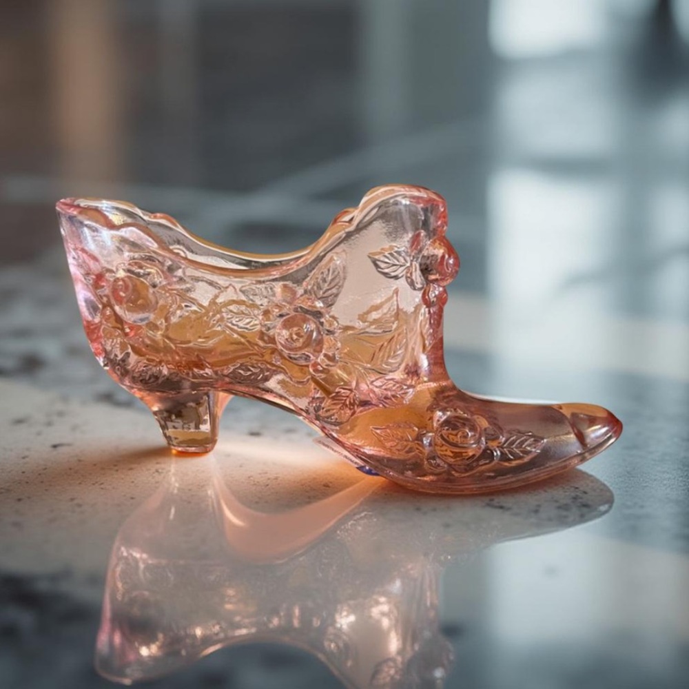 Vintage FENTON Pink Glass Shoe Boot Slipper Figurine ROSE